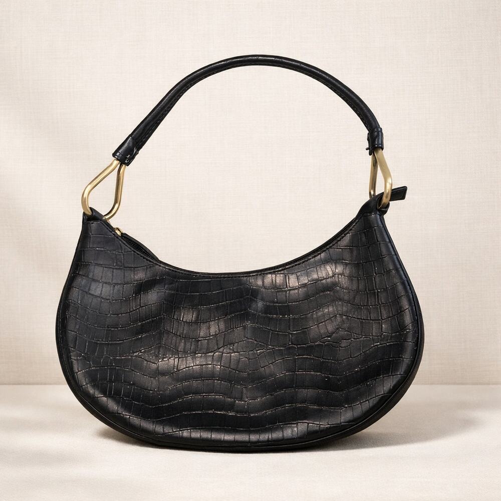 Bueno Mock Croc Faux Leather Baguette Crescent Shape Handbag Purse Black